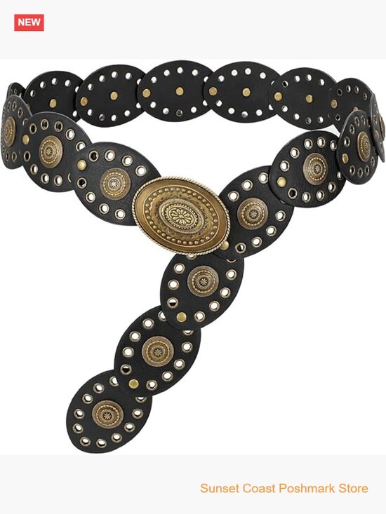 Western Concho Disc Belt Faux Leather Black Bronze Cowgirl Festival Boho main image 5